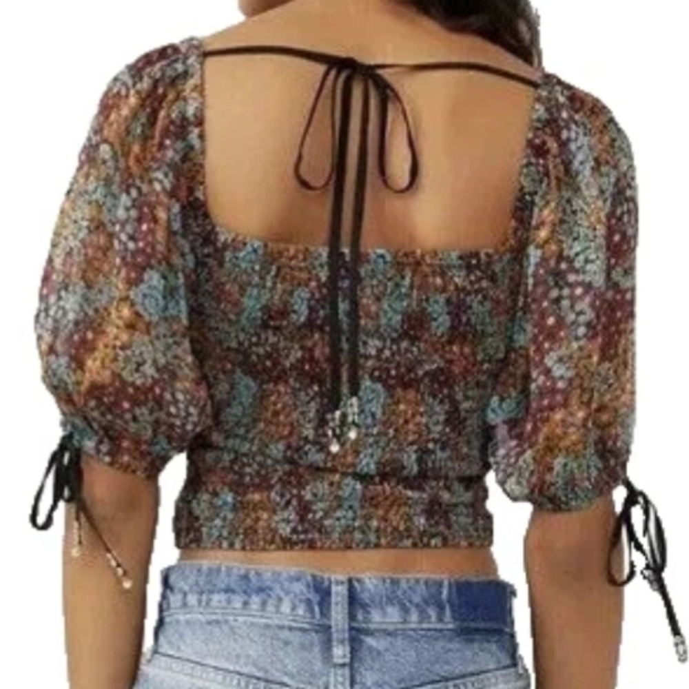 Free People Dark Combo Puff Sleeve Cropped Blouse Top Size Small - Picture 2 of 7